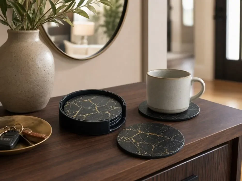 Black Gold Marble Double-Sided PU Coasters, Waterproof Heat Resistant for Coffee